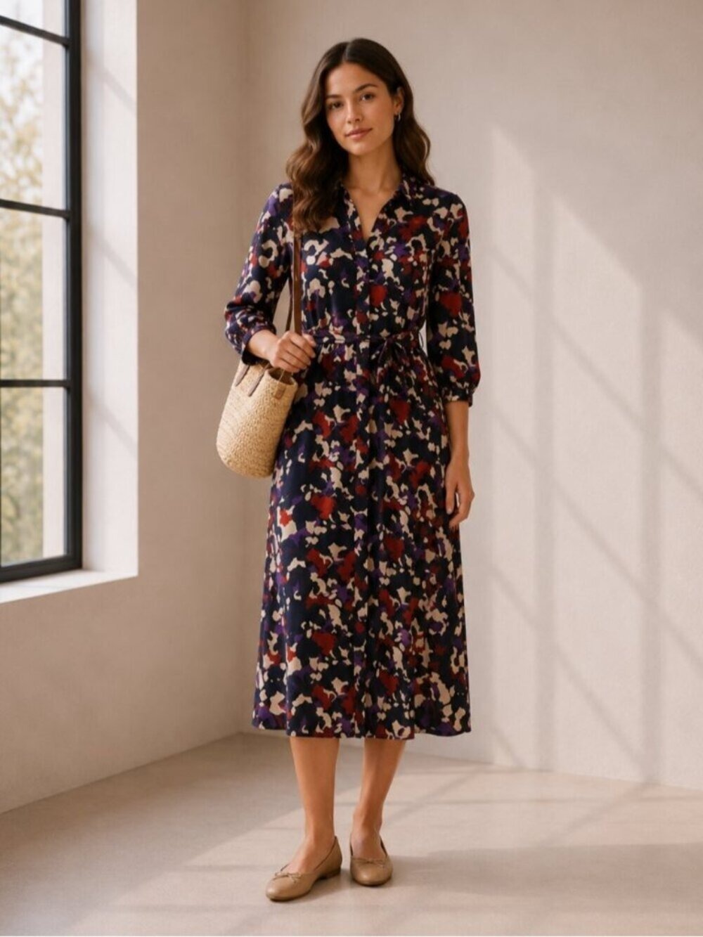 Selected Femme Black Abstract Floral Midi Dress Long Sleeve EU 34 0506